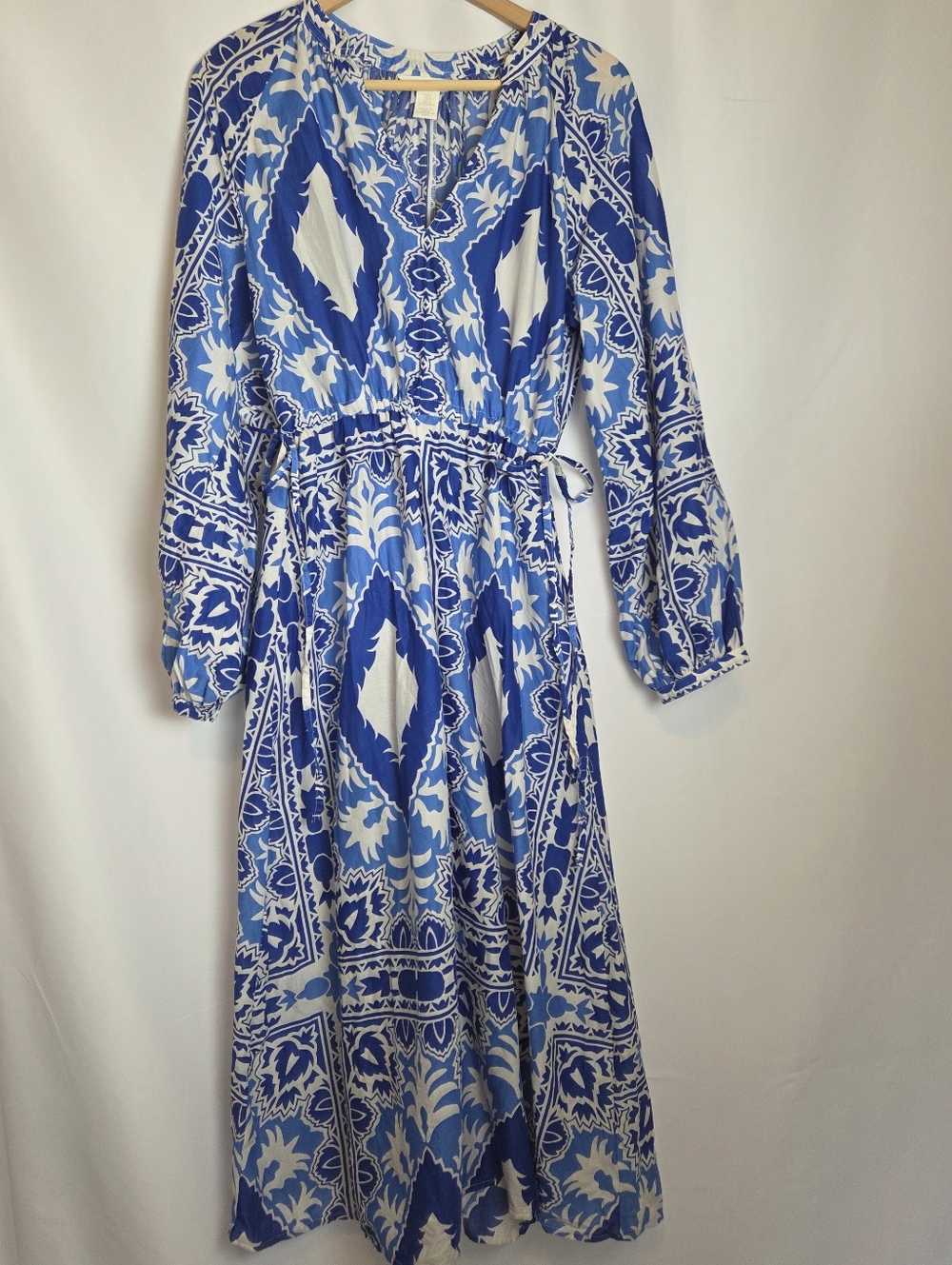 H&M Blue White Ikat Tile Pattern Midi Dress Balloon Sleeves Drawstring Small